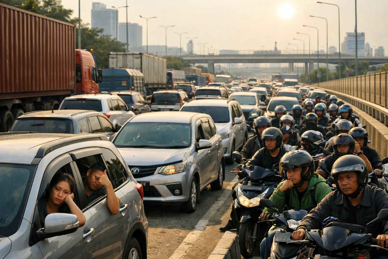 perjalanan dari bekasi ke tol cikampek memakan waktu 5 jam akibat kemacetan parah. pemudik mengeluhkan situasi ini yang mencetak rekor baru kemacetan di kompas.com.