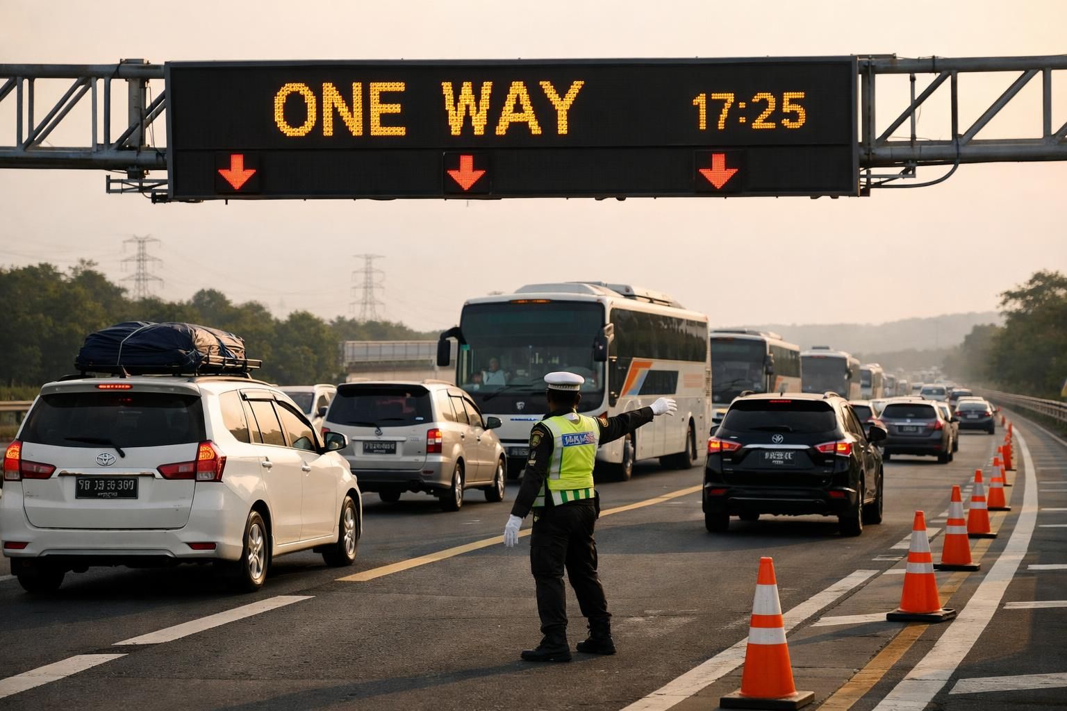 one way arus balik resmi diberlakukan mulai hari ini pukul 14.00. kakorlantas memberikan imbauan penting bagi para pemudik untuk tetap waspada dan mengikuti aturan demi keselamatan bersama.