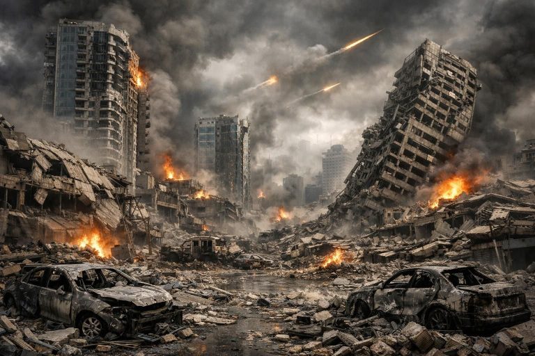 serangan rudal dari iran kembali melanda israel, menyebabkan gedung runtuh dan jalanan penuh puing yang mengganggu aktivitas warga.