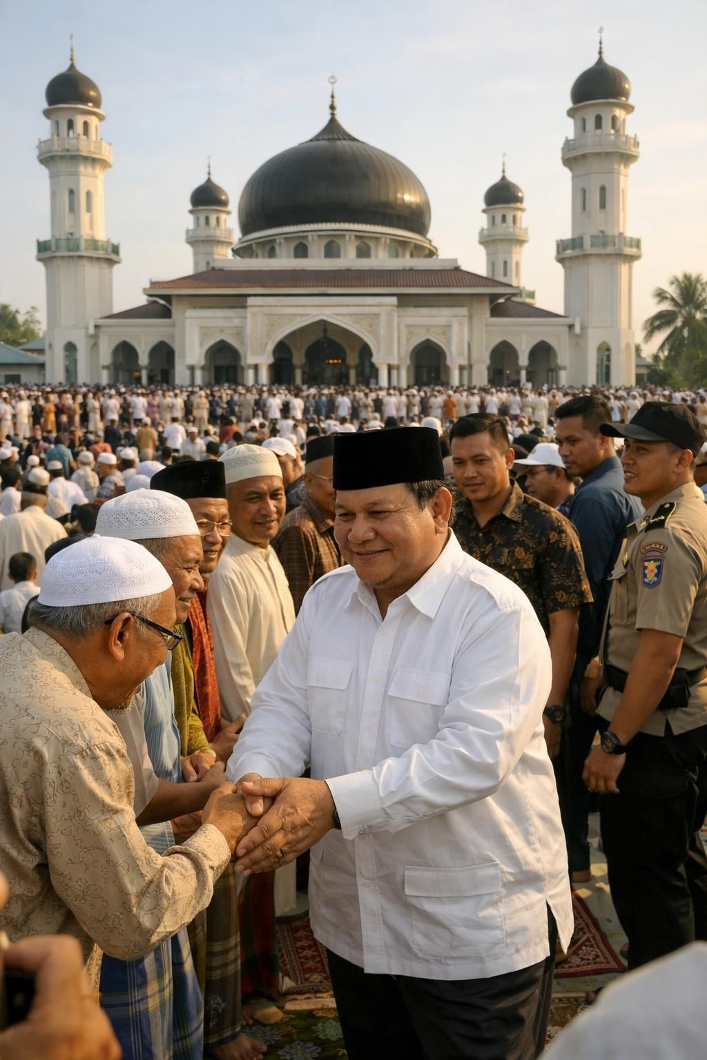 setelah shalat id, prabowo tampak ramah bersama jemaah masjid darussalam. warga antusias berebut untuk menyaksikan dan salaman dengan beliau.