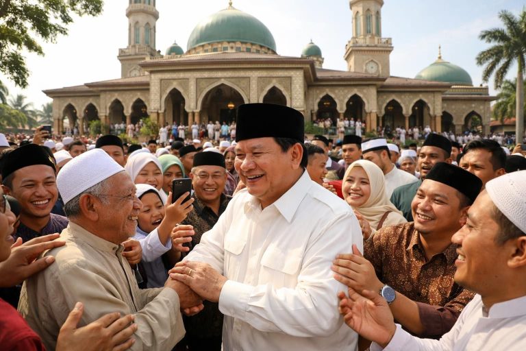 setelah shalat id, prabowo bersikap ramah bersama jemaah masjid darussalam, warga antusias berebut untuk menyaksikan dan bersalaman dengannya.