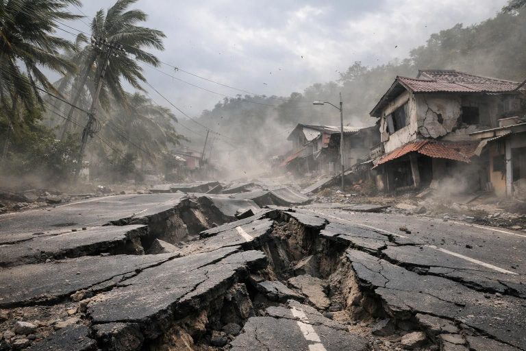 gempa dahsyat berkekuatan 7,6 sr mengguncang sulawesi utara dan maluku utara, menyebabkan jalanan aspal bergoyang hebat dan memicu kepanikan warga setempat.